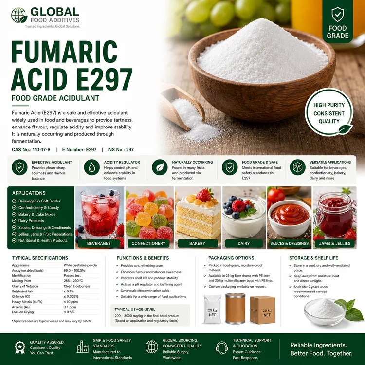 Food grade Fumaric Acid E297 acidulant food additive ingredient illustration